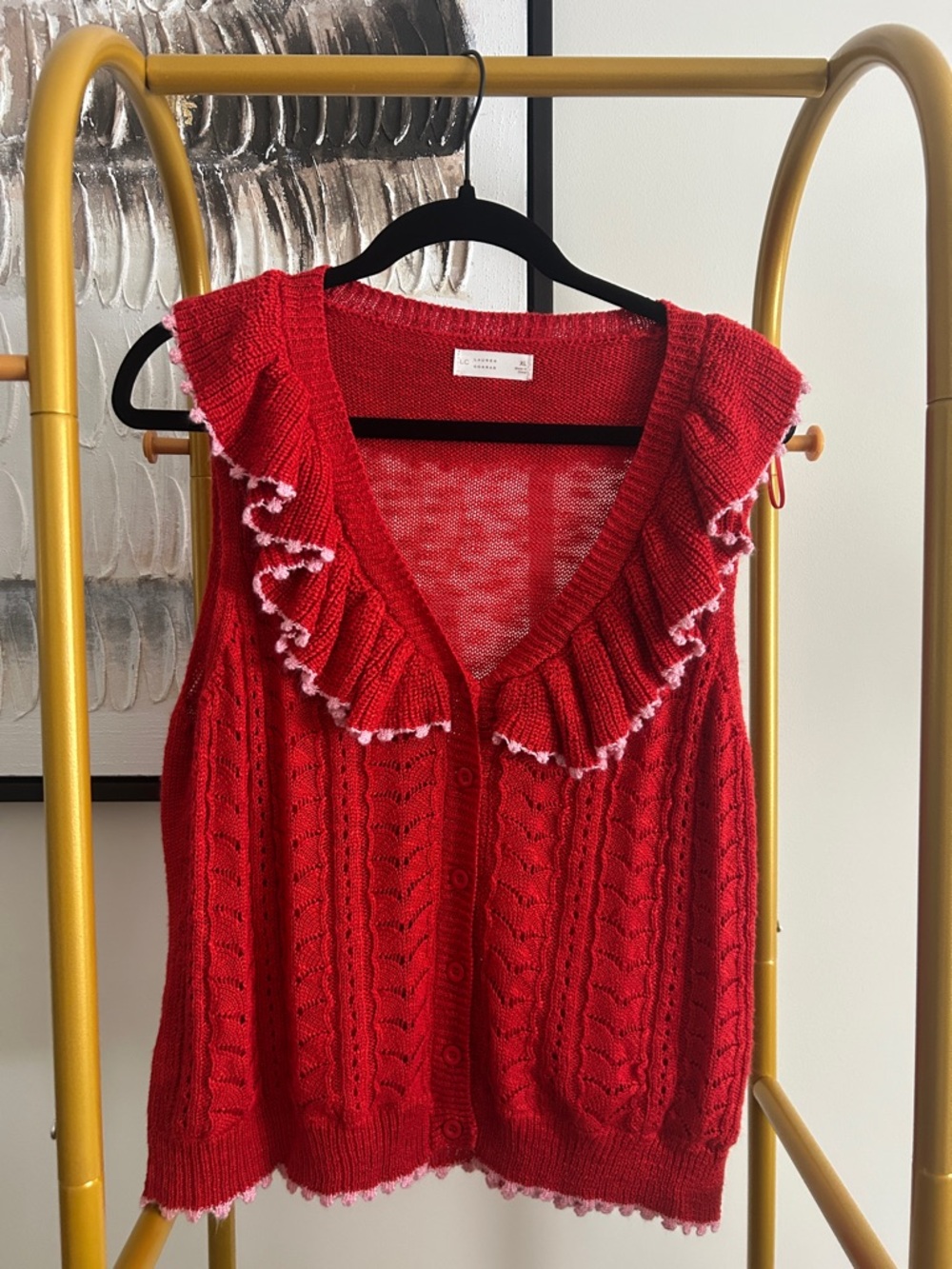 LC Lauren Conrad Red Ruffled Knit Button-Front Vest with White Trim
